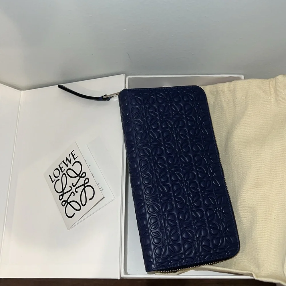 NWT Loewe Anagram-embossed Zip-around Leather Wallet In Navy Blue